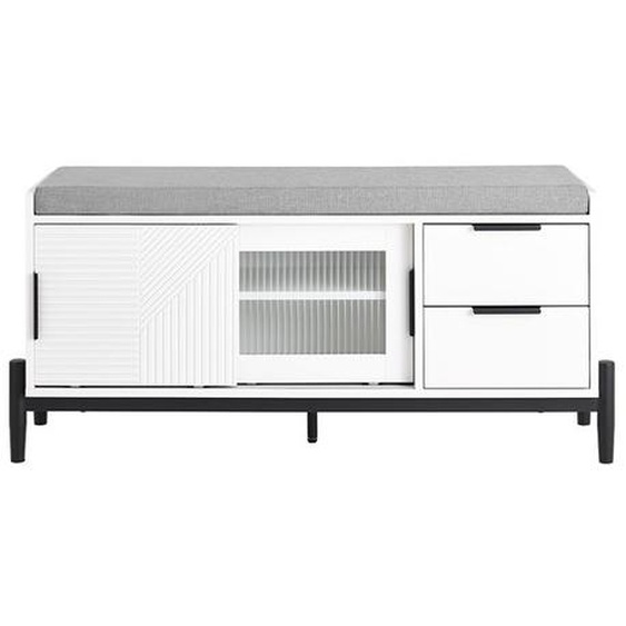 SoBuy Banc de Rangement FSR187-W avec Coussin Rembourré, 2 Porte Coulissantes et 2 Tiroirs, Pied en Métal, Blanc, L110xP35xH51 cm