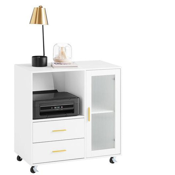 SoBuy  Caisson de Bureau à roulettes ASK09-W avec 2 TiroirsSupport, 1 Porte Vitrée Imprimante Organiseur Bureau, – 75 x 40 x 76 cm,