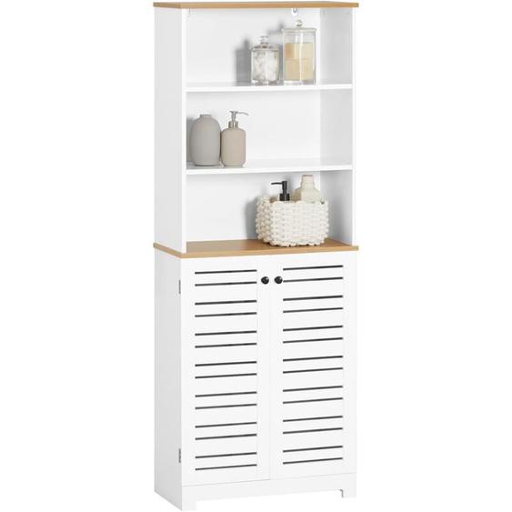 Sobuy - Colonne Salle de Bain avec 3 Étagères ouvertes + 2 Portes persiennes, mdf Laqué, Anti‑Moisi & Anti‑Basculement frg Blanc 60×30×160 cm, BZR44‑W