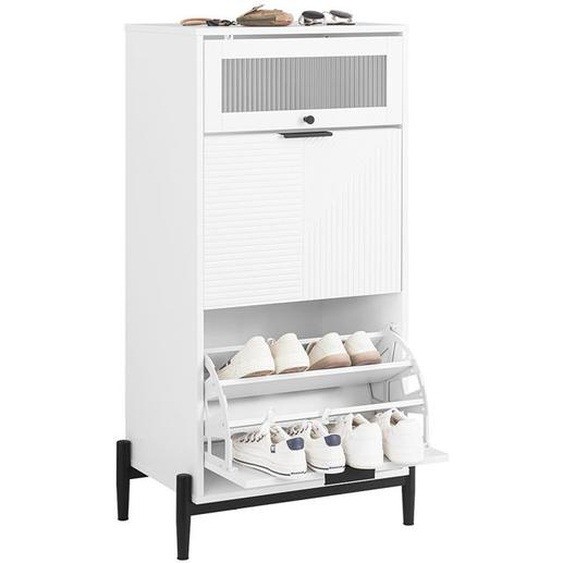 SoBuy Meuble à Chaussures FSB95-W avec 2 Abattants et 1 Porte en Verre Meuble dentrée, Blanc, L59xP40xH115 cm