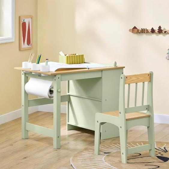 SoBuy Table Enfant avec Chaise Ensemble 2 Pièces Table et Chaise pour Enfant Bureau avec 2 Étagères Porte-Papier et Rangements Stylos Vert 80x50x66