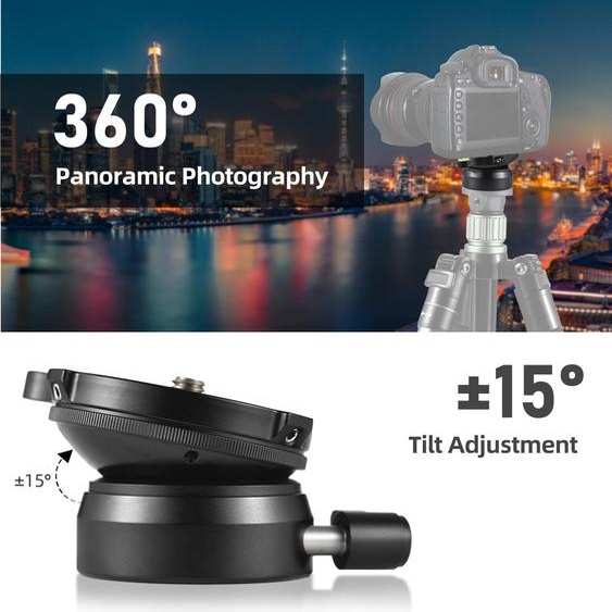 Socle de mise à niveau pour trépied, tête dappareil photo photographique, alliage daluminium, niveau à bulle, plaque de réglage, inclinaison de 15° avec vis de fixation de 3/8 pouce, compatible avec les appareils photo reflex numériques Canon, Nikon, Sony