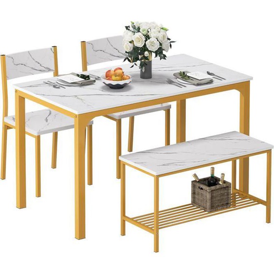 SogesHome Ensemble table à manger pour 4 personnes, 2 chaises avec dossiers, 1 banc avec étagère de rangement,Aspect Marbre
