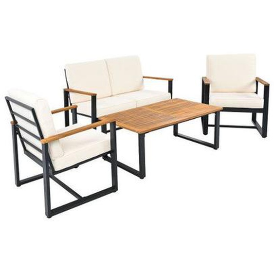 SogesHome Salon Bas De Jardin Canapé 2 places 2 Fauteuils Table Bois Acacia Beige