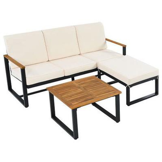 SogesHome Salon Bas De Jardin Canapé dAngle Table & Pouf en Acier Zingué et Bois Acacia Beige/Noir
