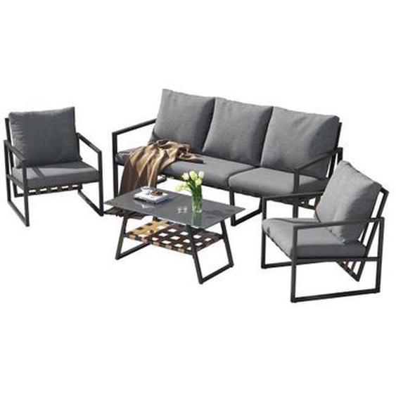 SogesHome Salon Bas De Jardin Set 5 pièces Gris Canapé 3 places 2 Fauteuils Table Verre