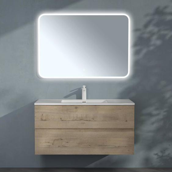 Sogood Meuble de Salle de Bain Suspendu 100x48x50cm Ensemble de 3 Pièces Meuble avec Lavabo et Led Miroir Design Aqualis