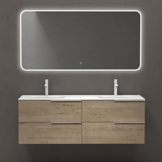 Sogood Meuble de Salle de Bains 144 cm avec Double Lavabo Ensemble de 2 Pièces Vasque et Meuble sous Vasque Chêne Clair Vanessa