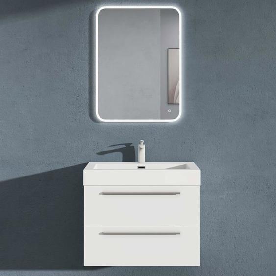 Sogood Meuble de Salle de Bains Blanc Mat Ensemble de 3 Pièces Meuble Suspendu avec Lavabo 73 cm et Miroir LED Design Quadratto