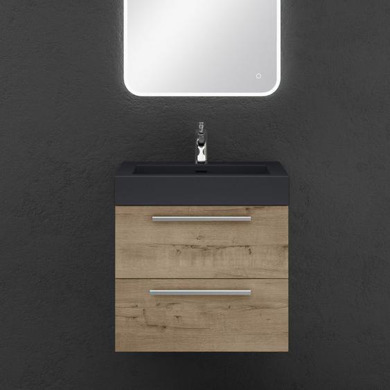 Sogood Meuble de Salle de Bains Chêne Clair Ensemble de 2 Pièces Meuble Suspendu avec Lavabo 60 cm Design Quadratto