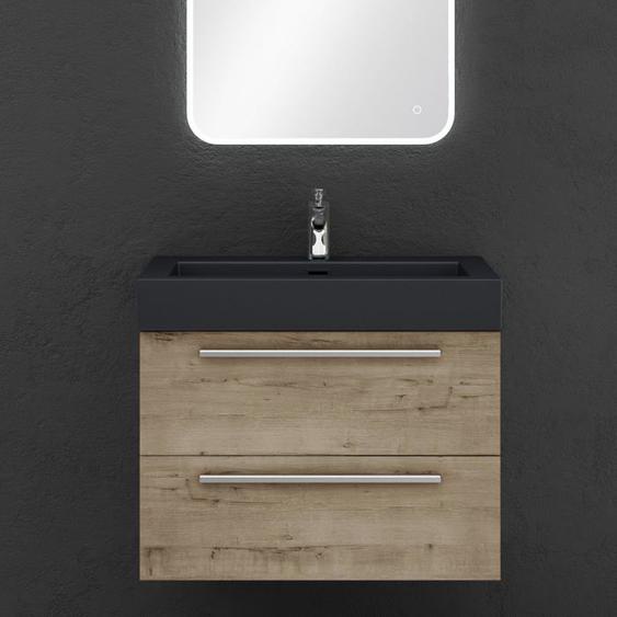 Sogood Meuble de Salle de Bains Chêne Clair Ensemble de 2 Pièces Meuble Suspendu avec Lavabo 73 cm Design Quadratto