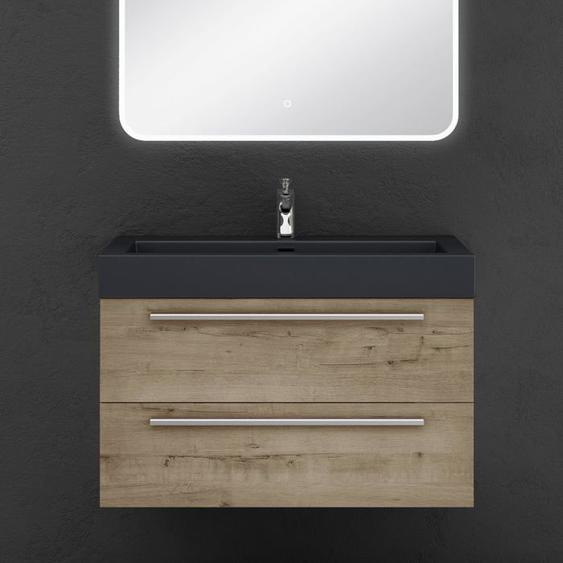 Sogood Meuble de Salle de Bains Chêne Clair Ensemble de 2 Pièces Meuble Suspendu avec Lavabo 90 cm Design Quadratto