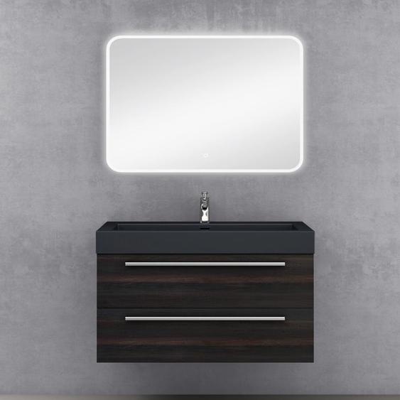 Sogood Meuble de Salle de Bains Gris Foncé Ensemble de 3 Pièces Meuble Suspendu avec Lavabo 100 cm et Miroir LED Design Quadratto