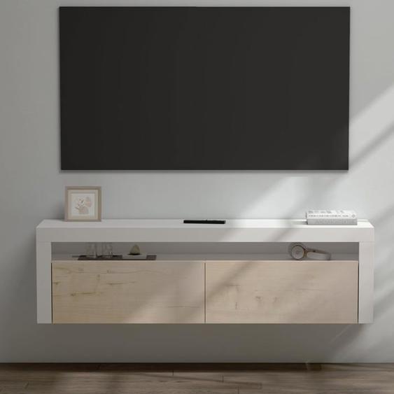 Sogood Meuble TV Bas 160x40x46cm Armoire TV Blanc Mat + Chêne Clair Table de Télévision Salon Portes Meuble TV Suspendu MBTV01