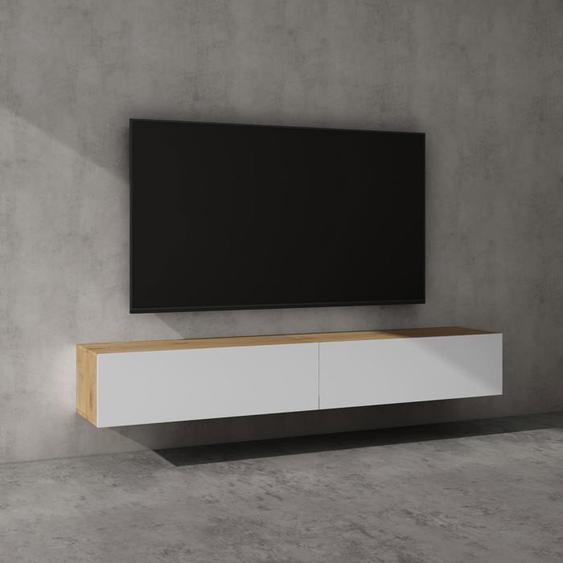Sogood Meuble TV Bas 200 cm Armoire TV Marron Clair + Blanc Mat Table de Télévision Salon avec Portes Meuble TV Suspendu MBTV02