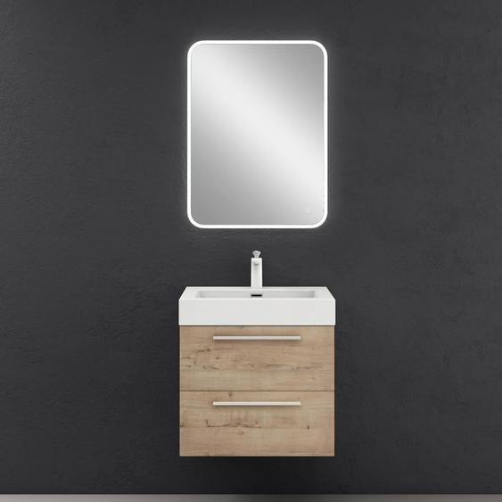 Sogood Meuble de Salle de Bains Chêne Clair Ensemble de 3 Pièces Meuble Suspendu avec Lavabo 60cm et Miroir LED Design Quadratto