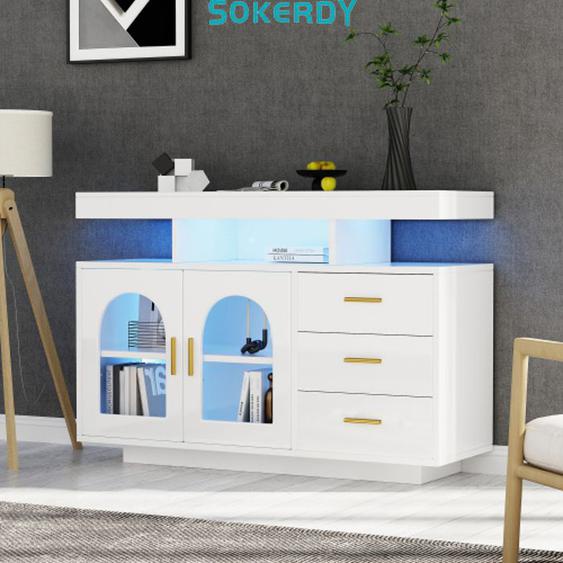SOKERDY Buffet, avec LED, 2 Porte et 3 Tiroirs, 120 x 40 x 80 cm,  Convient pour Salle à Manger/Salon/Chambre, Blanc