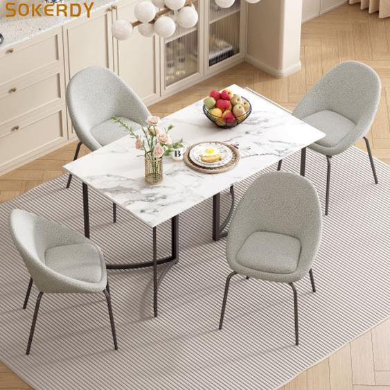 SOKERDY Ensemble Table à Manger, avec 4 Chaise en velours gris, 140×80×75.5cm, Table à manger à motif en marbre, Pieds en métal