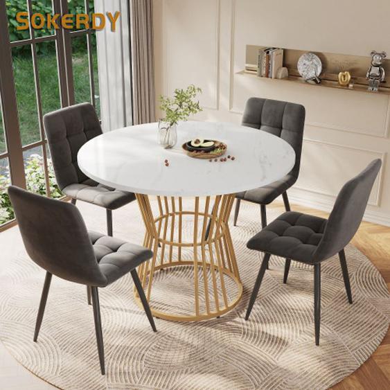 SOKERDY Ensemble Table à Manger et Chaises, 4 Chaises Velours Gris Foncé, Table MDF Blanc de ronde 100 cm avec Pieds en Métal Doré