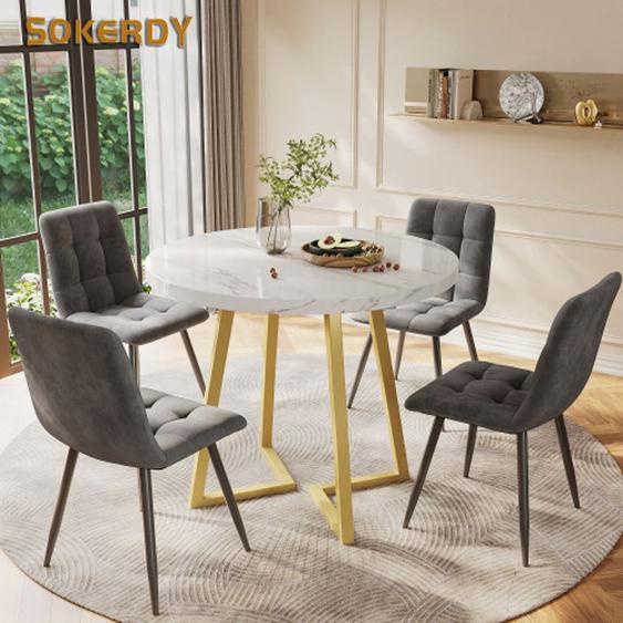 SOKERDY Ensemble Table à Manger et Chaises, 4 Chaises Velours Gris Foncé, Table MDF Blanc de ronde 80 cm avec Pieds en Métal Doré