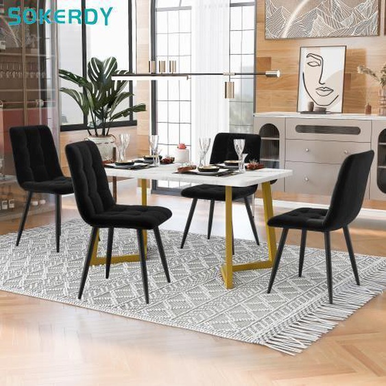 SOKERDY Ensemble Table à Manger et Chaises - 4 Chaises, Velours, Noir - Table en Marbre, Pieds de Table Dorés 117*68*75cm