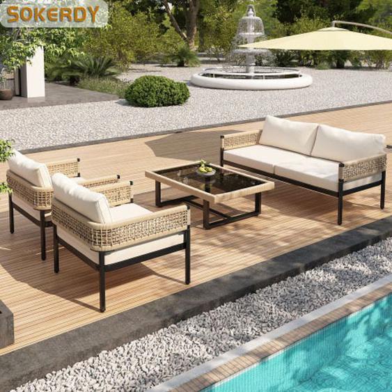 SOKERDY Ensembles Salon de Jardin 4 Places, 1 Table et 4 Chaises Pieds Réglables, Coussins Amovibles, Cadre en Fer Galvanisé, Beige