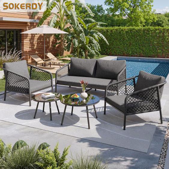 SOKERDY Ensembles Salon de Jardin 4 Places, 2 Table et 3 Chaises, Coussins Amovibles et Lavables, Cadre en Fer Galvanisé, Gris