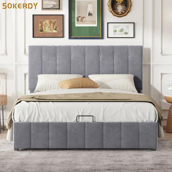 SOKERDY Lit Double Rembourré 140x200cm avec Rangement, Tête de Lit Réglable en Hauteur, Lit Adulte en Tissu Velours, Gris