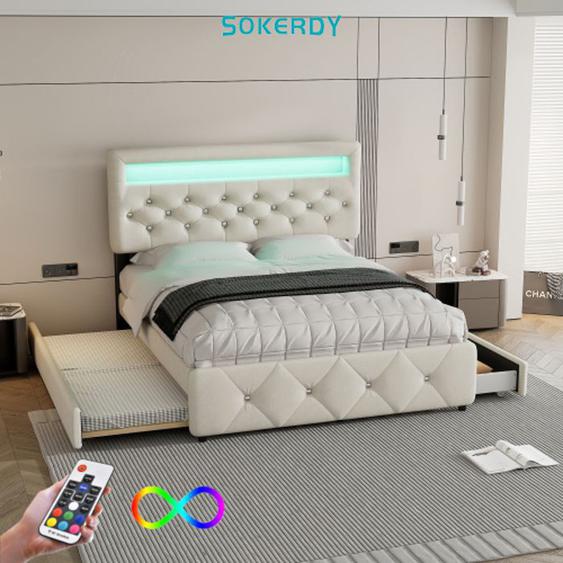 SOKERDY Lit Rembourré 140x200 cm, Lit Capitonné avec Lit Gigogne 90x190 cm et 2 Tiroirs, Chevet avec Bande LED, Beige