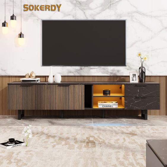 SOKERDY Meuble TV avec Éclairage LED, 2 Tiroirs et 4 Portes, Aspect Marbre Noir, Porte Grain de Bois Foncé, 200x50x38 cm