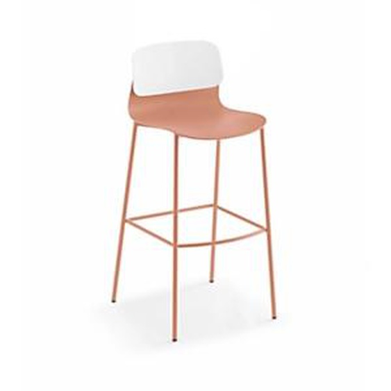 Sokoa Tabouret haut de collectivité Klik en polypropylène - Pieds métal - Corail / Blanc