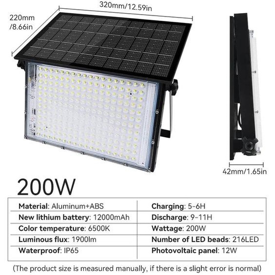 Solarstrahler - Projecteur LED - Modèle A 200 W, lot de 2 - Fonctionnement solaire - Étanchéité IP65 - Avec télécommande - Aluminium - Pour une utilisation extérieure