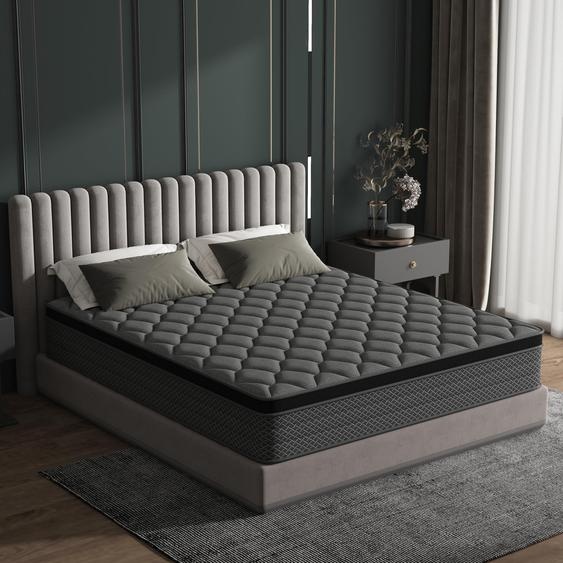 Sommier et matelas 140x200 cm, fermeté H3, modèle hybride combinant mousse à mémoire de forme et ressorts ensachés