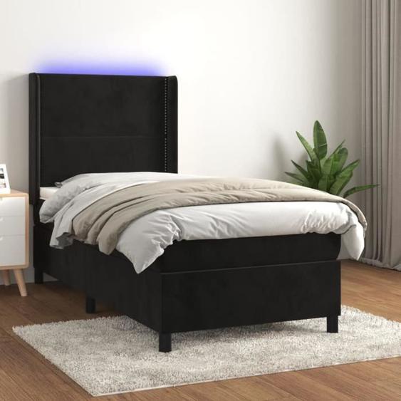Sommier tapissier avec matelas et LED - SALALIS - 90x190 cm - Velours noir - Ressorts ensachés