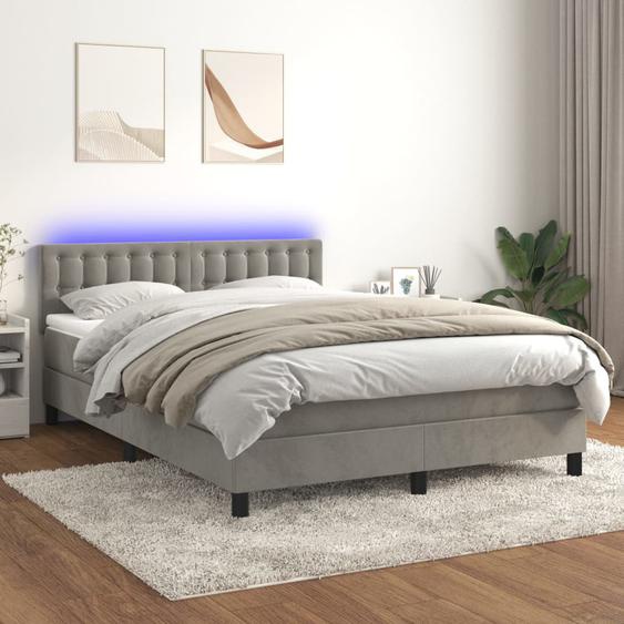 Sommier tapissier matelas et LED Gris clair 140x200 cm Velours