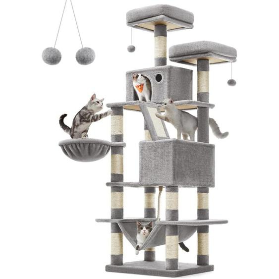 Arbre à Chat, Hauteur 168 cm, avec 13 Griffoirs, 2 Plate-forme, 2 Niches, Panier, Hamac, Pompon, Tissu Peluche, Multi-niveaux pour Chat dIntérieur,