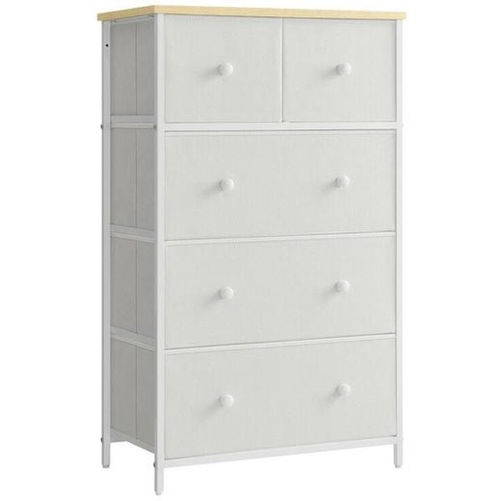 Songmics - Commode avec 5 Tiroirs en Tissu, Style Industriel, Meuble de Rangement, 56 x 30 x 93 cm, Blanc et Couleur Boisée
