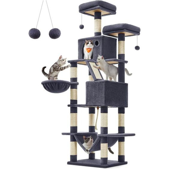 Songmics - feandrea Arbre à Chat, Grande Tour de Jeux, Hauteur 206 cm, avec 13 Griffoirs, 1 Planche à Griffer, 2 Plate-Formes, 2 Niches, Panier,
