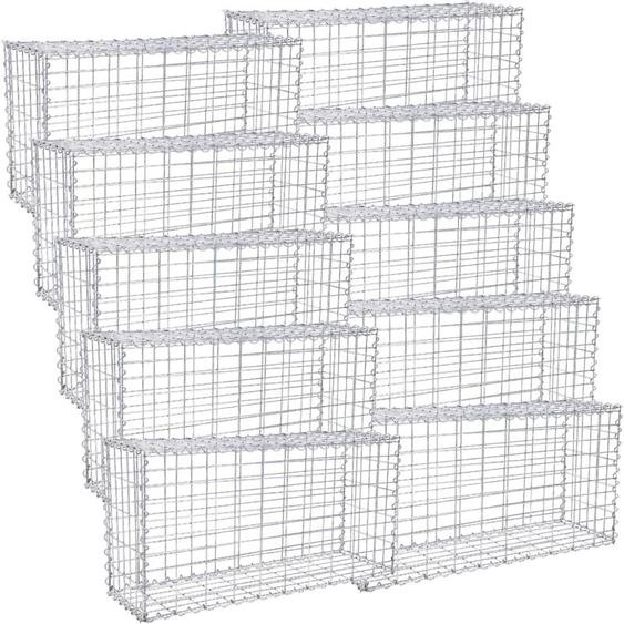 Lot de 10 Gabions pour Pierre Songmics GGB053 - Argent - 100 x 50 x 30cm - Cage en Métal - Panier à Pierre - Décoration de Jardin