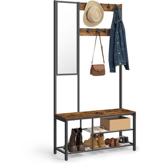 Vasagle - Meuble dEntrée Porte-manteau - Vestiaire - Avec Crochets - Miroir - Banc à Chaussures et Étagères - 36 x 98 x 185 cm - Pour Entrée,