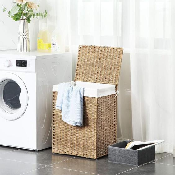 Panier à linge de 90L, tissé à la main, Corbeille à vêtements en rotin synthétique, avec couvercle et poignées, pliable, sac intérieur amovible,