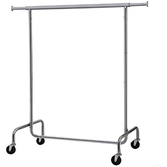 Portant à Vêtements Songmics Avec Roulettes - Tringle Extensible - Charge Lourde - Capacité de Charge 130 kg - Porte-manteau - Métal - Chromé - Argent