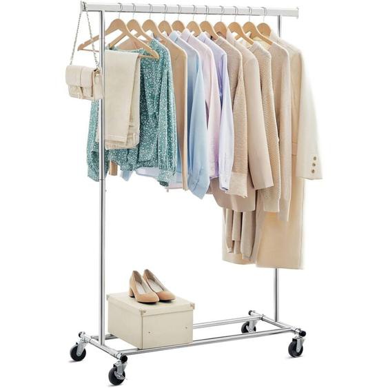 Portant à Vêtements sur Roulettes, Porte-manteau, Porte-vêtements, Capacité de Charge 90 kg, Tringle en Métal, Étagère à 2 Barres, Partie Inférieure