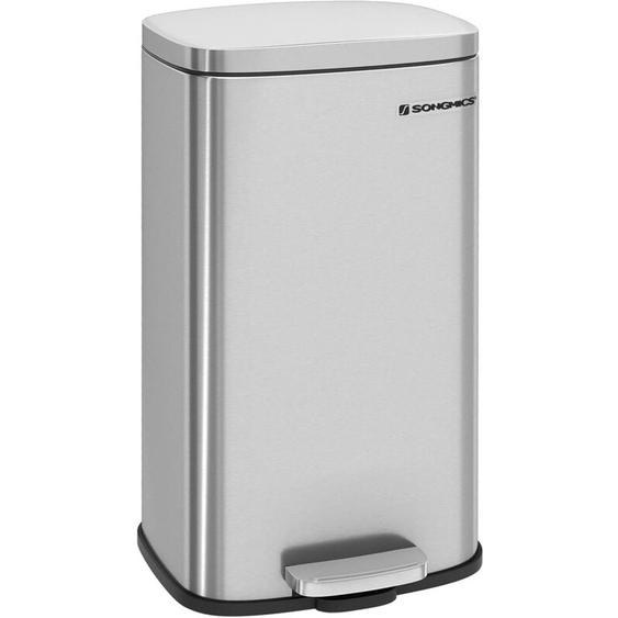 Songmics - Poubelle Cuisine 30L, Poubelle à Pédale, avec Couvercle à Fermeture en Douceur, Seau Intérieur, en Acier, Argent
