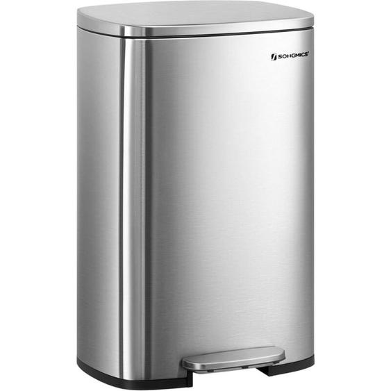 SONGMICS Poubelle Cuisine 50L, Poubelle Bureau, Fermeture en Douceur, avec Pédale, en Acier, Seau Intérieur, Argenté