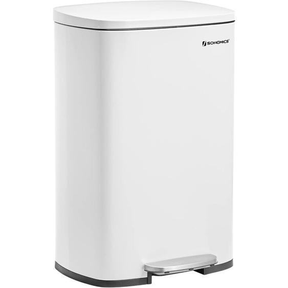 Poubelle Cuisine 50L, Poubelle Bureau, Fermeture en Douceur, avec Pédale, en Acier, Seau Intérieur, Blanc - Songmics