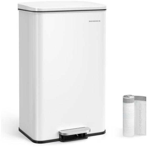 Songmics - Poubelle de Cuisine 40L, Grand, Corbeille à Déchets à Pédale avec Couvercle, en Acier, Fermeture en Douceur, 15 Sacs Poubelle Inclus, Blanc