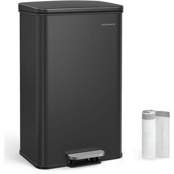 Songmics - Poubelle de Cuisine 40L, Grand, Corbeille à Déchets à Pédale avec Couvercle, en Acier, Fermeture en Douceur, 15 Sacs Poubelle Inclus, Noir