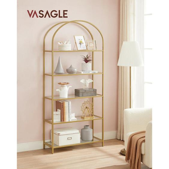 Tagère de rangement à 5 étagères Vasagle En verre trempé - Bibliothèque - Avec dessus arqué - Cadre en acier robuste - Pour salon, chambre, bureau