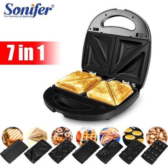 SONIFER Gaufrier électrique 7 en 1, Grill, Sandwich, gâteau, donuts, noix, Panini, plaque de cuisson, appareils de cuisine, grille-pain, petit déjeuner